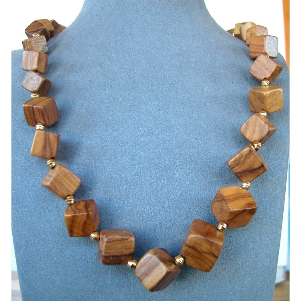Vintage 1970s Wooden Cube Bead Necklace 22"